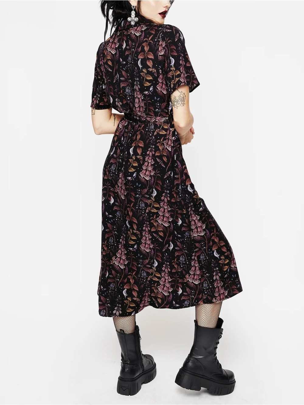 NEW Disturbia Foxglove Midi Shirt Dress Pockets Dark Botanical Goth Grunge US12 - Picture 2 of 13